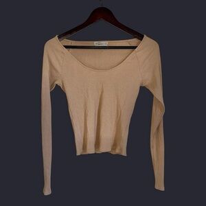 Urban Outfitters Cream Tan Long Sleeve Ribbed Wide Neck Crop Top Size Large